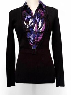 Black Long-Sleeve Knit Top with Purple Patterned V-Neck Inset